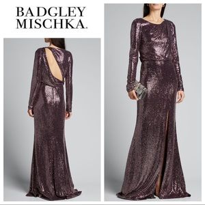 BADGLEY MISCHKA Sequin Asymmetrical Cutout Gown